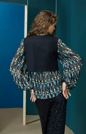 FW25-CH01 Chaleco patchwork en lana y lentejuelas