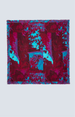 FW25 Pañuelo estampado "PÁJAROS SOBRE PAPEL PINTADO" Cyan Burgundy