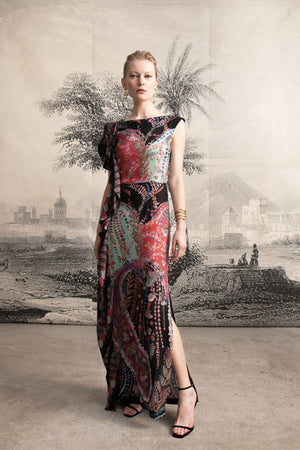 “Ethnic” print ruffle sleeve dress