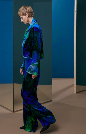 FW25-P010Blue Pantalón en terciopelo estampado "Papel pintado"