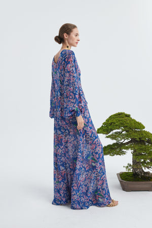 Vestido manga abullonada estampado “Flores de Cerezo y Pájaros"